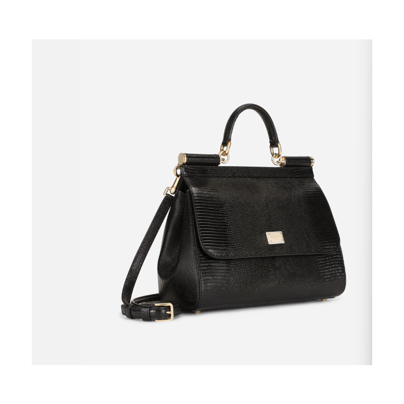 Dolce Gabbana Large Sicily Handbag in black iguana-print calfskin 