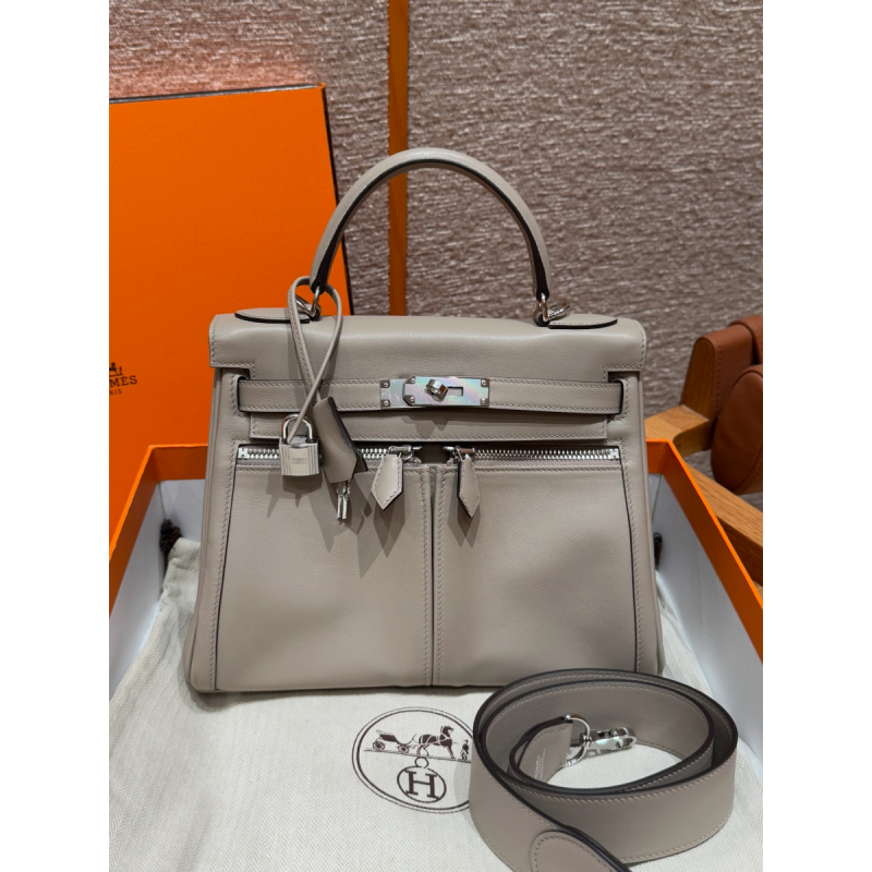 Hermes Kelly Lakis Pocket 28 / 32 in Swift Leather-Girs Asphalte