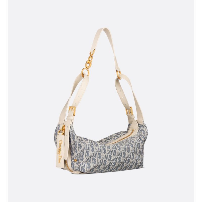 Small D-Journey Bag in Blue Dior Oblique Chambray with Raffia Effect